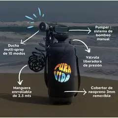 PURA VIDA - Ducha portátil de agua a presión 8Litros acampar & surf
