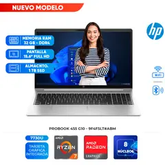 HP - Laptop ProBook 455 G10, AMD Ryzen 7 7730U, 32GB DDR4, 1TB SSD, 15.6" FHD LED