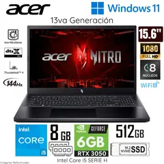 ACER - Laptop Nitro V15 Intel Core i5-13420H 8GB RAM 512GB SSD 15.6" FHD RTX3050-6GB - ANV15-51-56GH