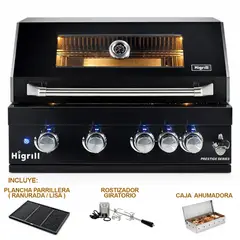 HIGRILL - Parrilla a Gas Empotrable 5 Quemadores Acero Inoxidable Negro con Ahumador, Rostizador y Plancha