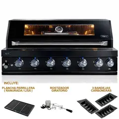 HIGRILL - Parrilla A Gas Y Carbón Empotrable 7 Quemadores Acero Inoxidable Negro con Rostizador y Plancha