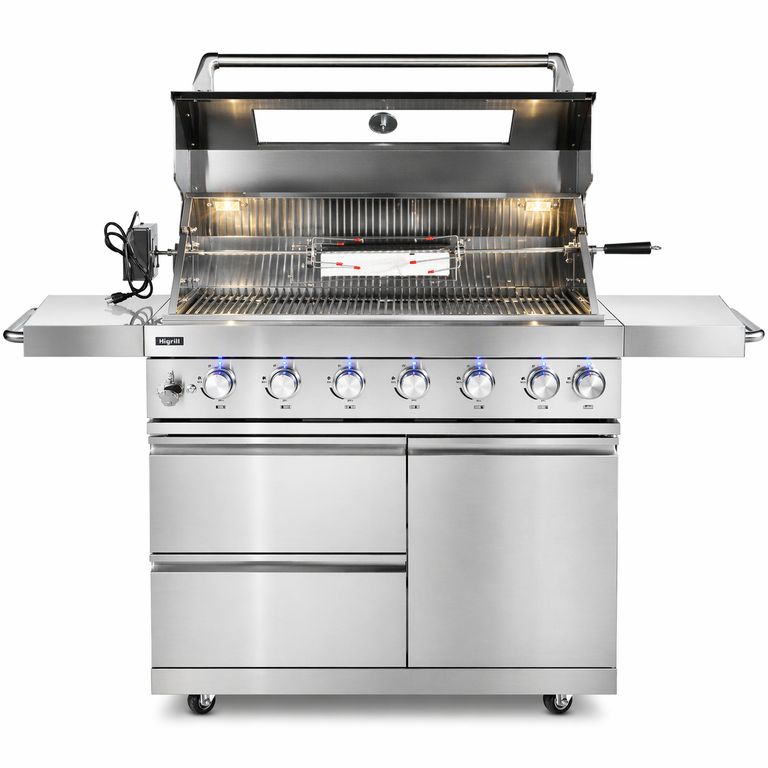 Parrilla A Gas Y Carbón 7 Quemadores Acero Inoxidable 304 con Mesas Abatibles, Rostizador y Plancha