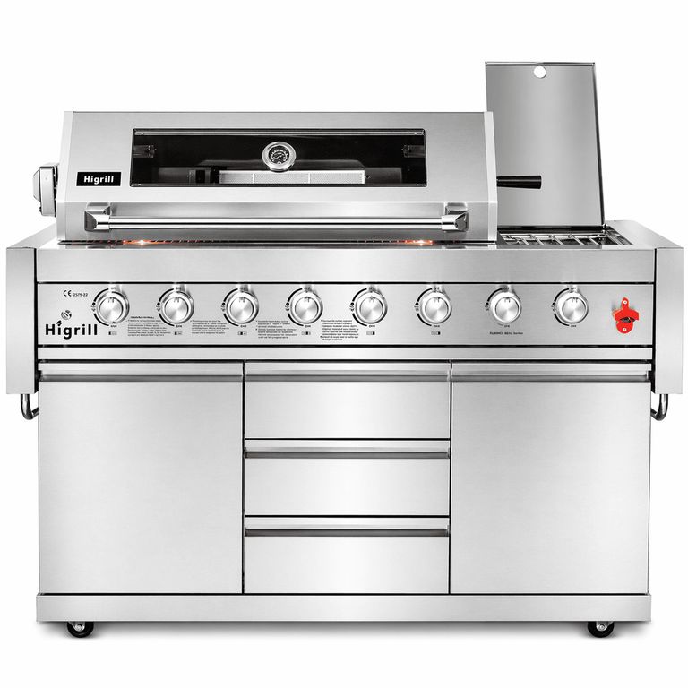 Parrilla A Gas Y Carbón 8 Quemadores Acero Inoxidable 304 con Sellador de Carnes y Mesas Abatibles