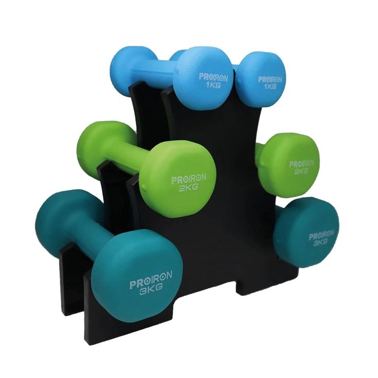 Set de Mancuernas de Neopreno de 1KG 2KG y 3KG celeste+ Rack