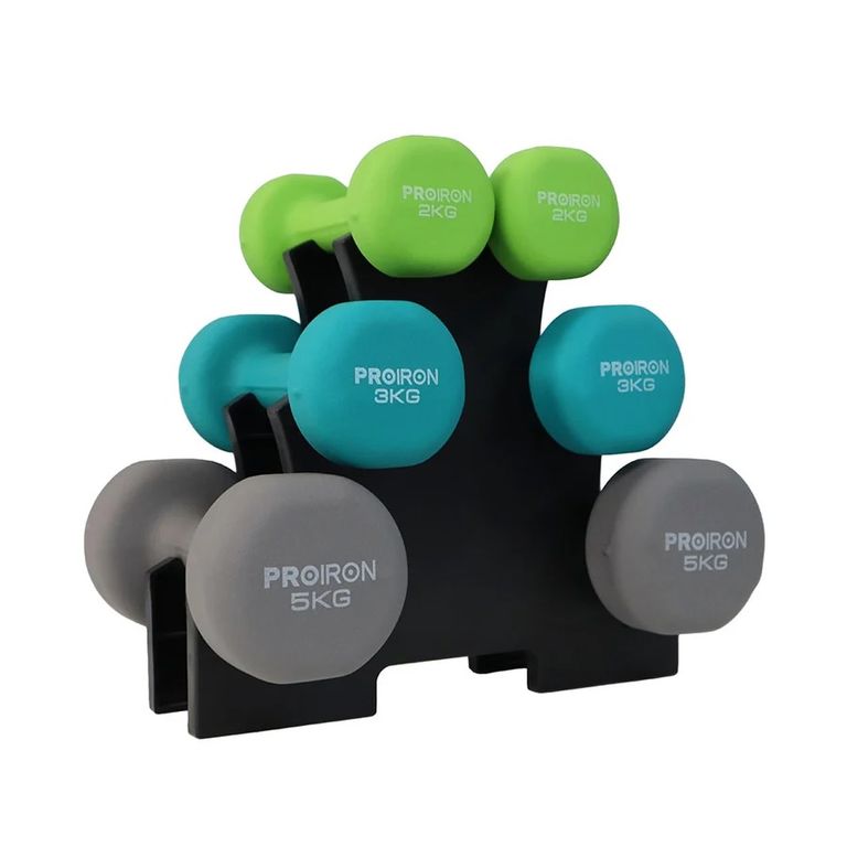 Set de mancuernas de neopreno de 2KG 3KG Y 5KG + Rack