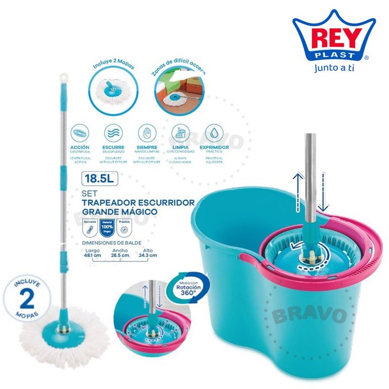 Trapeador Escurridor Magico Inteligente Reyplast Gigante Elegante + 2 Mopas