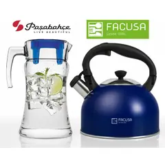 FACUSA - Jarra con Tapa Pasabahce Vidrio Turco y Tetera Acero Inoxidable