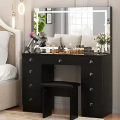 MUEBLES CRISOSTOMO - Tocador de Maquillaje con Espejo y Luces Negro 110cm