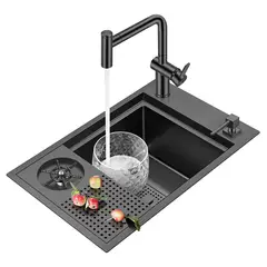 HILIVING - Lavadero Multifuncional De Lujo Negro y Grifería para Zona de Parrilla-Bar con Tapa Multipropósito