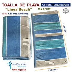 TOALLAS PERU DETALLES Y MAS - Toalla de Playa o Toallón: Celeste/Turquesa/Gris -100% Alg. 450 grs/m2