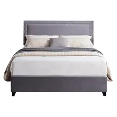 GENERICO - Cama Tapizada Lisa con Tachuelas Gris 1.5 Plz