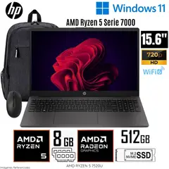 HP - Laptop 255 G10 AMD Ryzen 5 7520U 8GB RAM 512GB SSD 15.6" HD (A12HBLT#ABM) + Mochila y Mouse