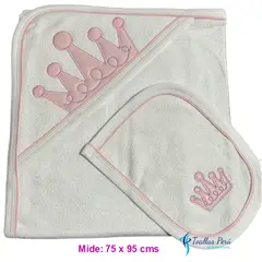 TOALLAS PERU DETALLES Y MAS - Toalla con Capucha Blanco-Rosada -Coronita- Felpa La Bellota