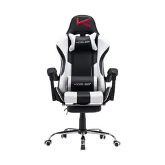 KUZLER - Silla Gamer Negra Blanco masajeador reposapiés y base metálica