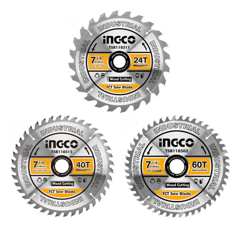 Set de 3 discos corte madera 7 1/4" 24-40-60 dientes Ingco