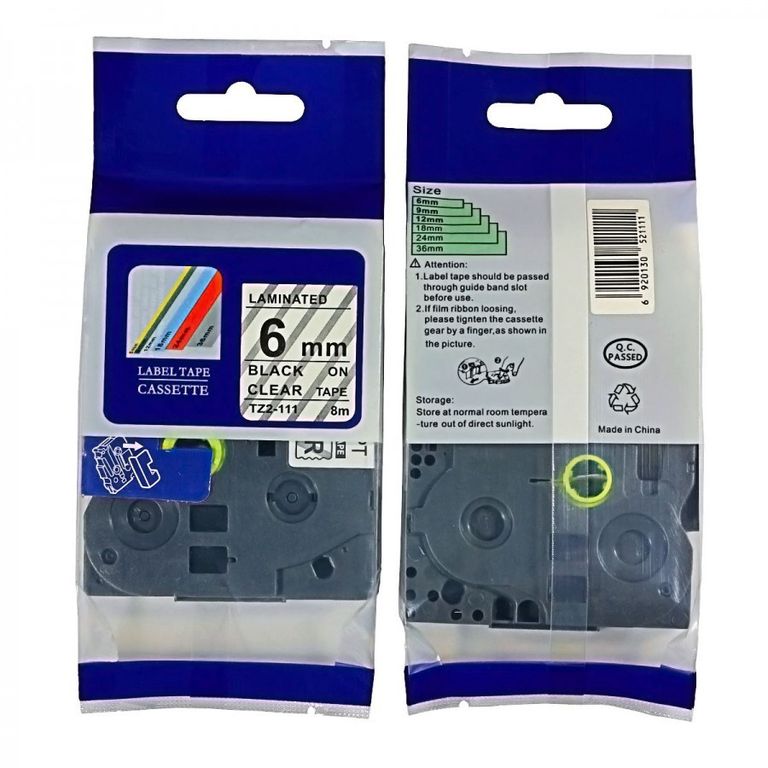 CINTA BROTHER COMPATIBLE TZ2-111 6MM LETRA NEGRA SOBRE TRANSPARENTE