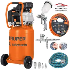 Truper - Kit Compresora de aire 50L vertical Pistola para pintar manguera 15m