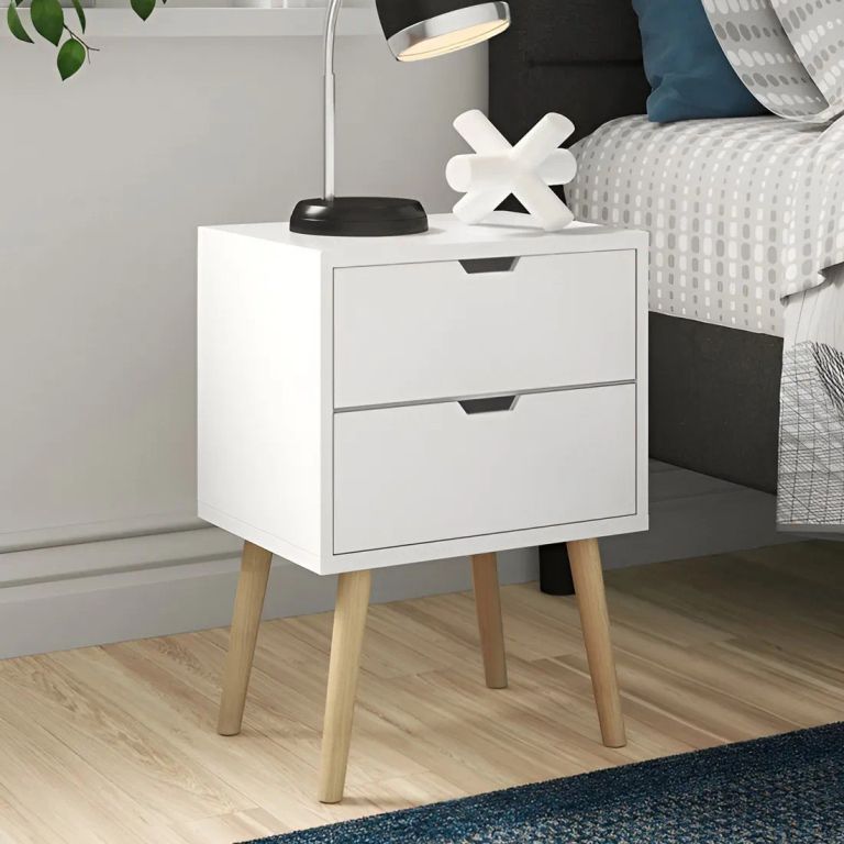 Velador Vintage Mesa de Noche Shavan 2 Cajones Blanco Huk