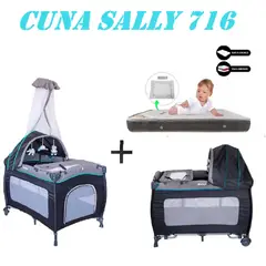 EBABY - Nueva Cuna Corral Sally 716 Colchon Azul -Gris