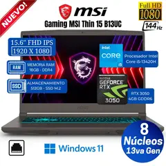 MSI - Laptop Thin 15 B13UC, 15.6” FHD IPS, Core i5-13420H, Ram 16GB, Ssd 512GB, Rtx 3050, Win 11