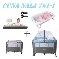 EBABY - Cuna Colecho Nala Tina Rosa Colchon Azul -Gris