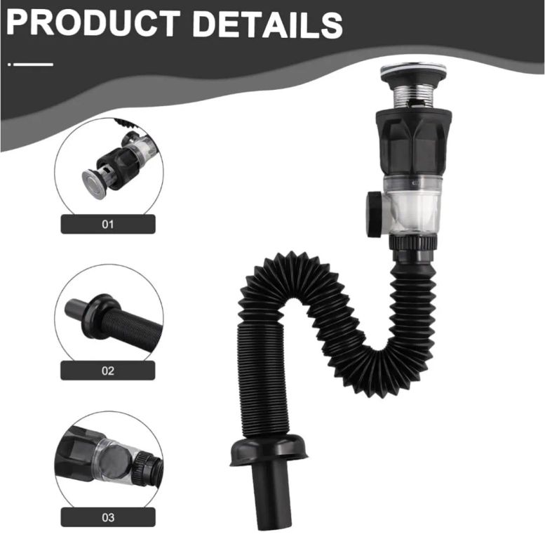 Desague Sifón flexible Corrugado Negro con anti olor y Push para Cocina o Baño