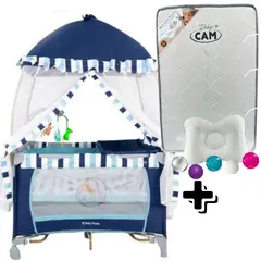 BABY HAPPY - Cuna Corral Para Bebe con Tul AZUL + Colchón PLOMO