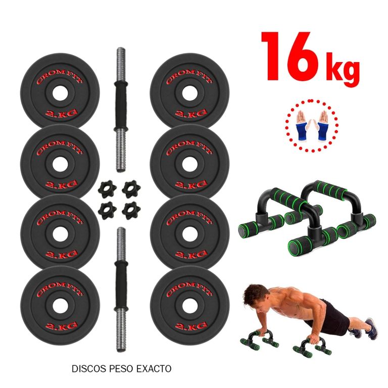 Set Pesas de 16kg - 8 Discos de 2kg + Mancuernas PVC + Push Up + Guantes gratis