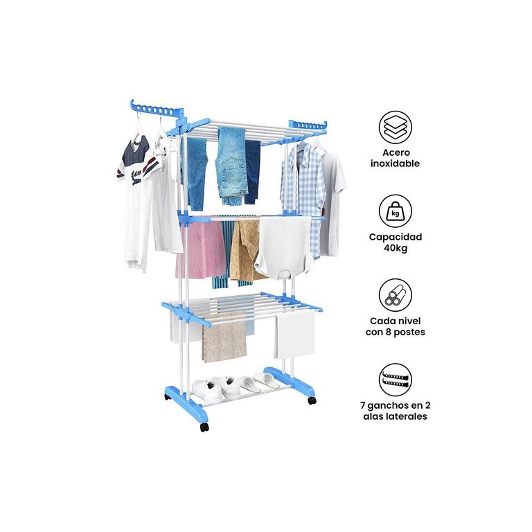 TENDEDERO DE ROPA MULTIFUNCIONAL PLEGABLE DE 3 NIVELES