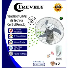 TREVELY - Ventilador De Techo Vt-1803 18" 80 Watts 3 Aspas con control