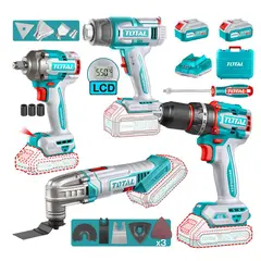 TOTAL TOOLS - Taladro percutor 66nm + llave de impacto + pistola de calor + Herramienta Multifuncion Total
