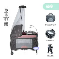 GENERICO - Cuna Corral con tull Premium color Plomo y rosado