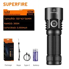 OEM - Linterna Táctica SUPERFIRE L22 LED 5000LM Resistente al Agua IP44