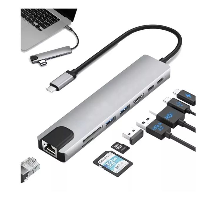 ADAPTADOR HUB TIPO C ETHERNET HDMI 4K USB 3.0 micro sd 8 en 1