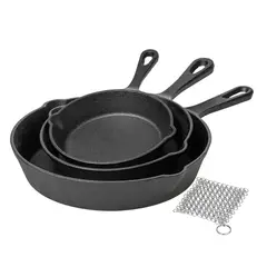 MR GRILL - Set Sartenes de Hierro Fundido de 16 20 y 25 cm + Malla Limpiadora