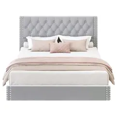 GENERICO - Cama Tapizada Capitoné Azalea Gris Claro Queen