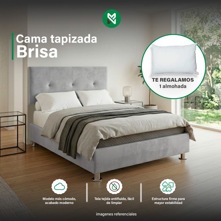 Cama tapizada Brisa - 2 Plz - Color Gris Claro + almohada