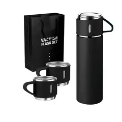 GENERICO - Termo con 3 Tazas Acero Inoxidable de 500 Ml - Color Negro