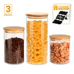 KELLER - Set de 3 Frascos de Vidrio con Tapa de Bambú Y Stickers CA7 de Regalo