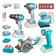TOTAL TOOLS - Taladro percutor 66nm + sierra circular + atornillador 285nm + lijadora y linterna Total
