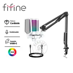FIFINE - Micrófono A6T RGB Blanco Condensador Brazo Mute y Antipop