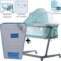 EBABY - Cuna Colecho MARION VERDE+ Colchón para cuna CELESTE