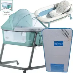 EBABY - Cuna Colecho MARION + Colchón para cuna CELESTE+TINA CELESTE