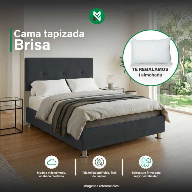 Cama tapizada Brisa - 2 Plz - Color Plomo + almohada