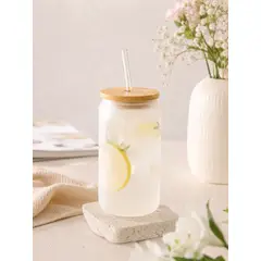 GENERICO - SET DE VASO SUBLIMADO DE VIDRIO BOROSILICATO TONO BLANCO CON TAPA BAMBÚ Y SORBETE
