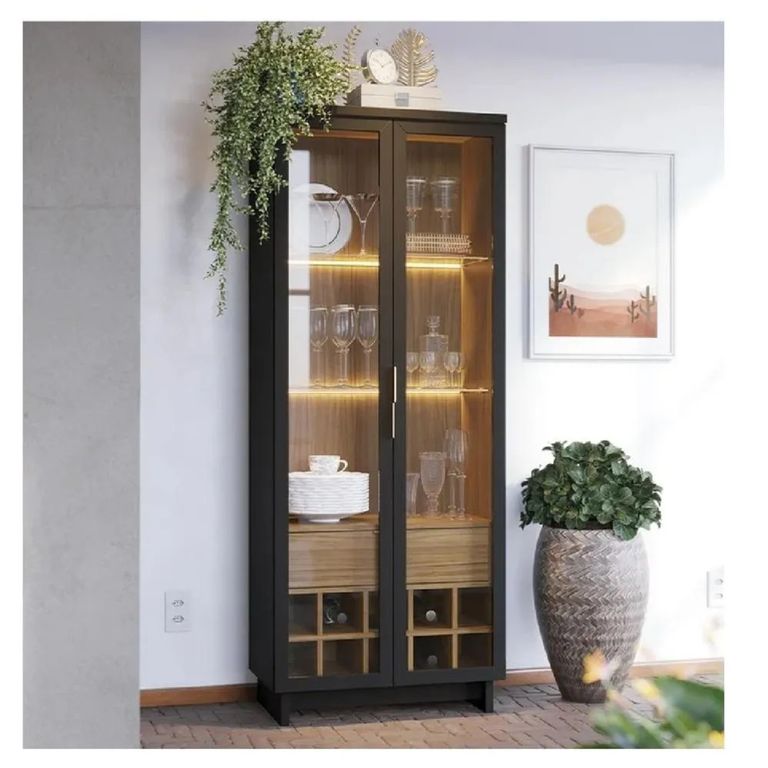 Vitrina Moderna TU MESITA Flamingo NegroMarrón 2 puertas 1 cajón LED