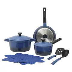OSTER - Juego de Ollas 10 Piezas Aluminio Base Inducción Amberton Azul