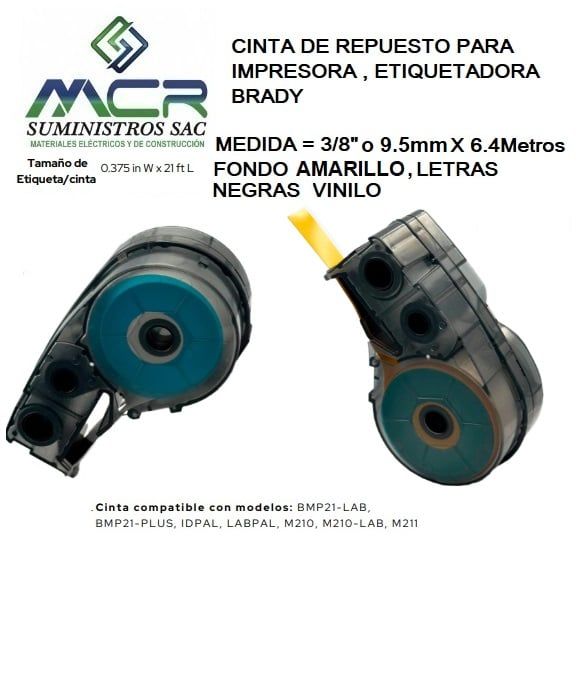CINTA AMARILLO DE 9.5MM O 3 /8 X 6.4M DE LARGO PARA ETIQUETADOR BRADY