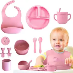 GENERICO - SET DE ALIMENTACIÓN CON CUCHARA SILICONA 8 PIEZAS ROSADO