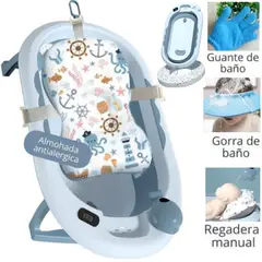 CAM - Bañera plegable +Termómetro gorro regadera guantes AZUL